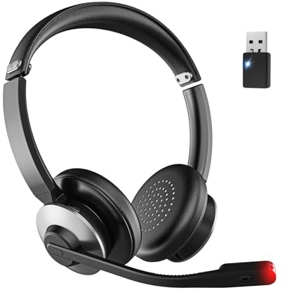 Auriculares inalámbricos con micrófono, auriculares Bluetooth con micrófono, reducción de ruido ENC y dongle USB, batería de 26 horas, silenciamiento con un solo toque, auriculares inalámbricos para