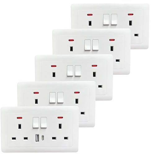 Double Socket With Dual USB Charging Ports (Type A and C), Double Plug Sockets Wall Socket With LED Indicator, Double Socket PC Wall Plate Outlet With Secure Locking Mechanism, White, 13A (5 Pack)