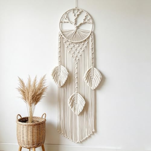 Traumfänger Makramee Groß, Baum des Lebens Traumfänger Boho, Makramee Wandbehang mit Federblatt Boho Wandtraumfänger für Eingangshallen Wohnzimmer Schlafzimmer Kinderzimmer Café Beige
