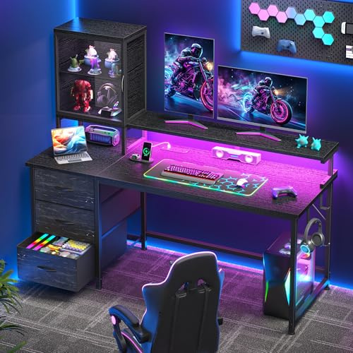 Cliporix Gaming Desk with Power Outlets & LED Lights, 120cm Small Computer Desk with Drawers & Monitor Stand & Acrylic Display Case & Headphone Hook, Reversible Corner Gaming Table for Work, Black