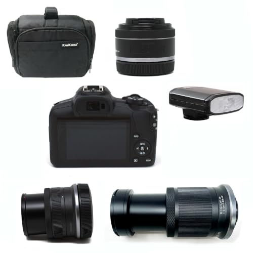 KamKorda Camera Bag + Flash + R100 Mirrorless Camera + RF-S 18-45 f/4.5-6.3 IS STM + RF-S 55-210mm f/5-7.1 IS STM Lens, RF 50mm f/1.8 STM Lens + 2 Year Warranty