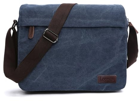 LOSMILE Sac Bandoulière Homme en Toile,Sac Messager pour Ordinateur Portable 13,3Pouces - Sac d'Épaule Vintage pour Travail, École et Loisirs (L-bleu)