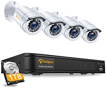 Anlapus H.265+ Full HD 1080P Kit Caméras Surveillance 4X Caméra Extérieure 2MP IP66 avec Enregistreur 8CH en 1080P Disque Dur 1TB APP Gratuite Alerte par E-Mail & Détection de Mouvement