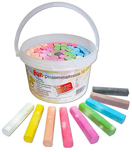 Wiemann Lehrmittel Flippi Straßenmal-Kreide für Kinder im Eimer in 9 Farben, 60 Stück (mit Glitzer)