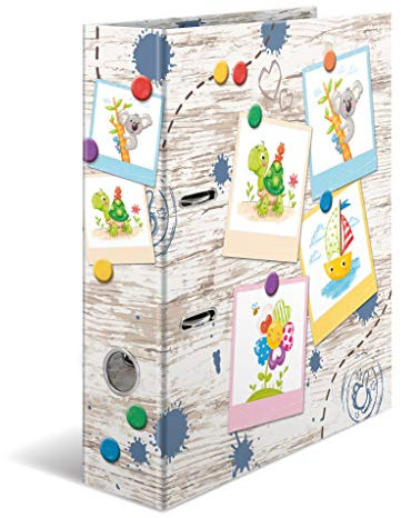 HERMA Ordner A4 Kinder Holzoptik, 7 cm breit, Ringordner mit Kindergarten Tiere Motiv, bunter Aktenordner mit Innendruck für Jungen, Mädchen und Kinder