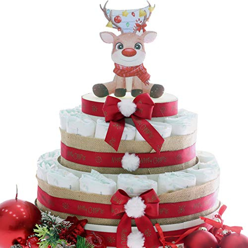 Torta Pannolini Natalizie, Baby Shower Tema Natale, Regalo Economico (Torta da 30 Pannolini Renna Joy)
