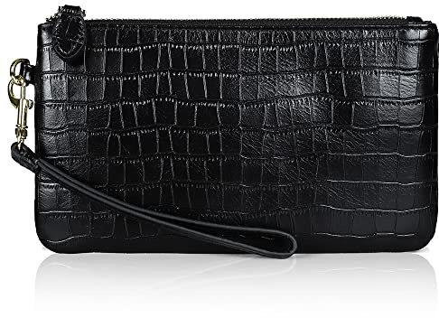 Befen Clutch för damer med handledsrem av äkta fullnarvläder, plånbok, liten handväska för smartphone, Svart/kroko-look, S, Elegant