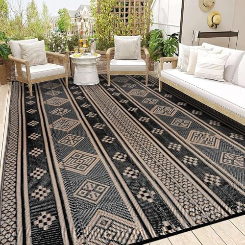 SHACOS Outdoor Rug for Patio Waterproof 180x270 cm Black Reversible Garden Rug Patio Rugs UV Resistant Foldable Outdoor Carpet Mat Plastic Straw Rugs for Balcony Decking Camping Beach
