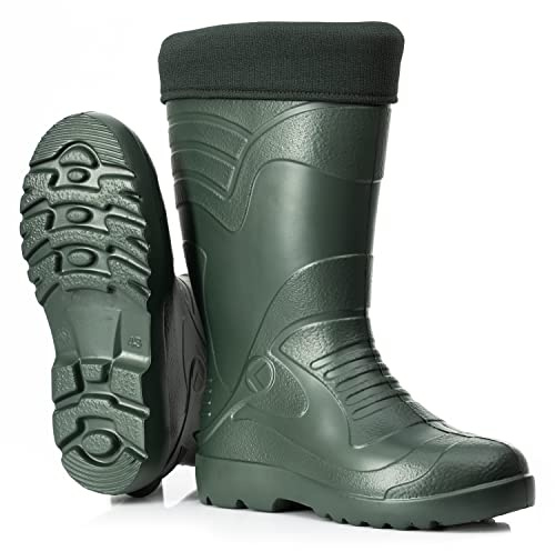 CLIMBR Bottes en caoutchouc doublées ultra légères pour homme EVA Thermo 40-49 Bottes chaudes d'hiver Bottes de travail avec doublure Bottes de pêche, vert olive, 48 EU