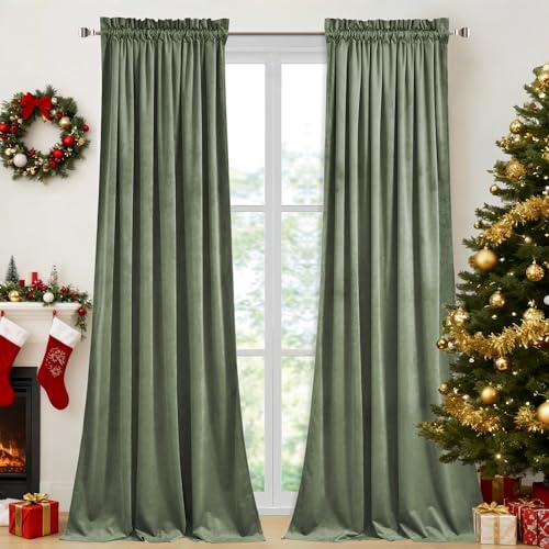 StangH Sage Green Velvet Curtains 90 inches Long, Living Room Thermal Insulated Sliding Door Curtains Elegant Home Decor for Nursery Bedroom Office, W52 x L90, 2 Panels
