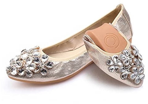 Women's Ballet Flats Foldable Casual Sparkly Rhinestone Wedding Ballerina Shoes Comfort Slip on Walking Flat Shoes, A1 Gold, 6.5 UK