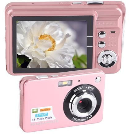 Appareil Photo Numérique pour Adolescents, 4K 48MP Ultra HD Point and Shoot Camera, 2.7in LCD Rechargeable Étudiants Compact Camera avec Zoom Numérique 8X, Mini Vlogging Cameras (Rose)