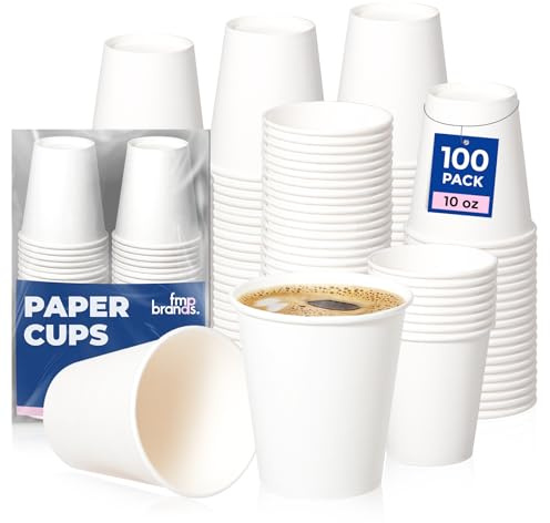Fit Meal Prep 100 Pack 10 oz Disposable Paper Coffee Cups, Premium Hot Cups for Hot/Cold Beverage, Durable Thickened White Paper Cup Bulk for Party, Office, Bussines, Cafes, Bistros, Daily Use