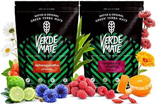 Yerba mate - herbes et fruits | Lot de deux yerba mate | Ashwagandha, framboise, baie de goji | Yerba mate brésilien vert | Yerba mate thé | Arôme doux | Caféine naturelle | 2x500g | 1kg