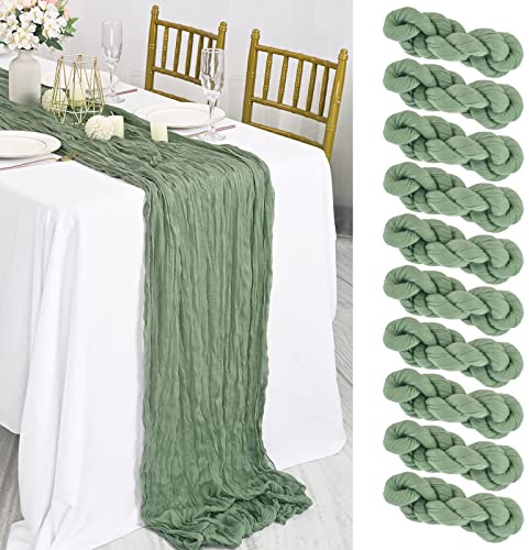 Lykoow Lot de 10 chemins de table en étamine, vert sauge, 4 m x 88,9 cm, sauge, rustique, en gaze, décoration de table de mariage, nappe pour fête prénuptiale, 398,8 cm