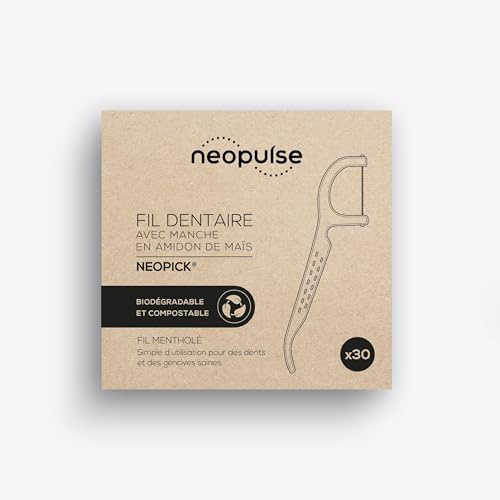 NEOPULSE® - NEOPICK - Fil dentaire avec manche - Élimine la plaque dentaire - Manche en Amidon de maïs – Biodégradable et compostable - Marque Française - 30 fils dentaire