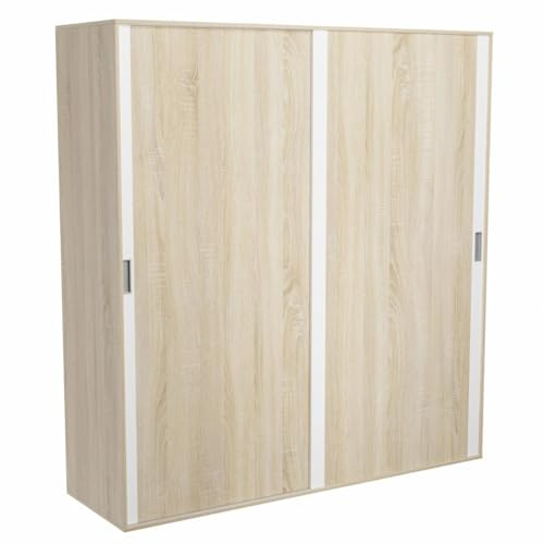 Homey - Armario Dos Puertas Correderas con Altillo Modelo Omabella para Dormitorios de Matrimonio o Individuales, Color Cambria - Blanco, Medidas: 180 cm (Ancho) x 208 cm (Alto) x 55 cm (Fondo)