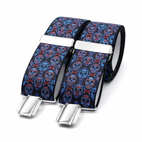 Tirantes Hombre Hechos a mano en España. Tirantes para pantalones hombre | 3 Pinzas extrafuertes | Color negro con calaveras azul y rojo. (Calaveras azul-rojo)