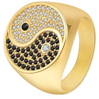 Bishilin Edelstahl Ring Personalisiert, Herren Ringe YinYang mit Zirkonia Siegelring Ring Größe 65 (20.7), Freundschaftsringe Männer Ring Hochzeit Gold