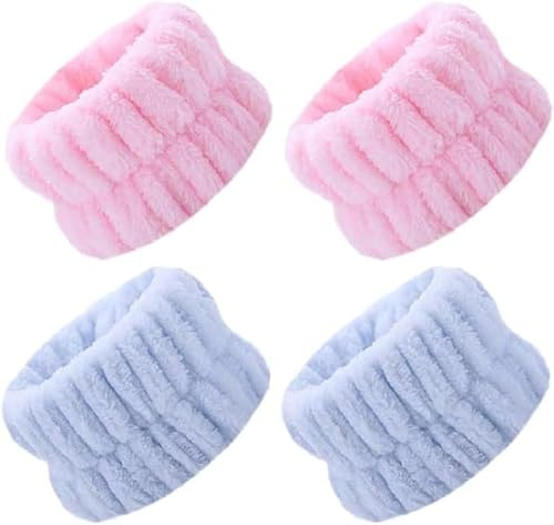Zimoer 4 Correa de Lavado de muñeca para SPA de Forro Polar Coral para Lavado Facial de Microfibra de muñeca Banda elástica para el Cabello para Ducha Maquillaje