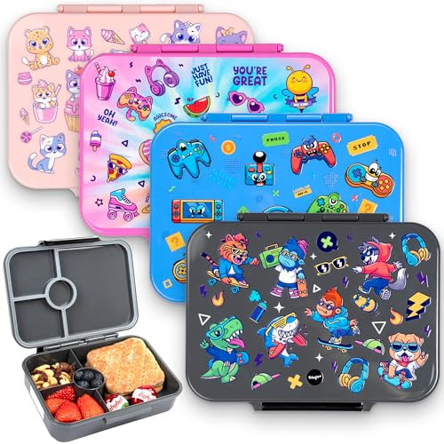 Fringoo - Bento Box - Lunch Box - Leak-Proof, 800ml capactiy, 5 Compartments, Adjustable Divider, BPA-Free, Cool Dude Grey Design