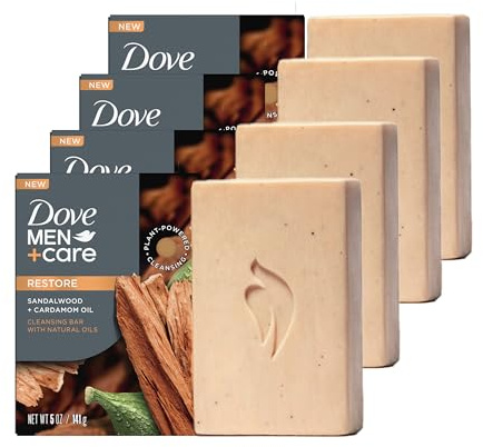 Dove Men+Care Cleansing Bar Soap Sandalwood + Cardamom Oil 4 Bars to Rebuild Skin in the Shower, a 4in1 Hair, Body, Face & Shaving Bar with Plant-Based Cleanser and Natural Oils 5 oz
