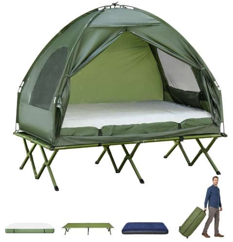 Outsunny Tienda de Campaña con Cama Doble Plegable 4 en 1 Cama de Campamento Elevada con Colchón Hinchable y Bolsa de Transporte de Tela Oxford 600D Acero 193x145x180 cm Verde