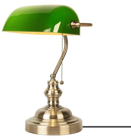 JCPYIUL Lampe de Banquier Verte, lampe de bureau, Chevet Rétro, Lecture E27 Lampe de Table, Interrupteur à Tirette en Laiton Vintage Lampe de Chevet pour La Chambre