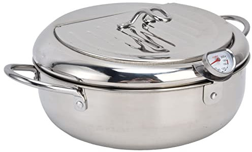Japanische Fritteuse Öl Kaltzonen Technologie 3400ml Edelstahl Tempura Frittiertopf mit Thermometer und Öl Abtropfgestell, Klein Fryer für Induktionsherd, Gasherd(Silber)