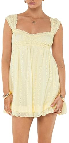 Miolasay Women Ruffle Lace Strap Eyelet Dress Sleeveless Frill Bust A-line Short Dress Floral Embroidery Party Babydoll Sundress