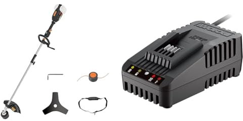 WORX Nitro WG186E.92 Akku Sense Rasentrimmer & Freischneider 40V (2x20V) & WA3880 Lithium, Akku Ladestation für Powershare Akkus – Akku Schnell-Ladegerät Universal für 20V Akkus, Schwarz