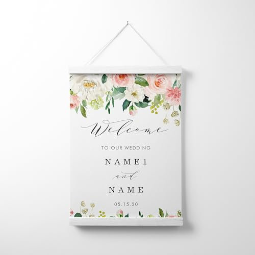 Cartello di benvenuto personalizzabile – Blush White Bloom Floral Wedding Welcome Sign personalizzato tela Hanging Sign per matrimoni, anniversari ed eventi speciali Decor (1)