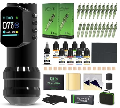 INKin Tattoo Maschine Set mit 4.0 Hub 39mm Großem Griff Gun für Anfänger | 1500mAh Akku Ermöglicht 8 Stunden Arbeit, Komplett Tattoo Zubehör Set mit 20pcs Revo Tattoo Nadeln und 9 Tattoo Farbe