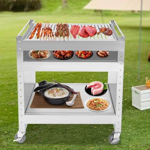 Carro de barbacoa de acero inoxidable con superficie de trabajo, 59 x 40,5 x 82 cm, carrito de barbacoa portátil, para exteriores, mesa de pícnic, jardín, carrito de jardín, 18-60 cm de altura