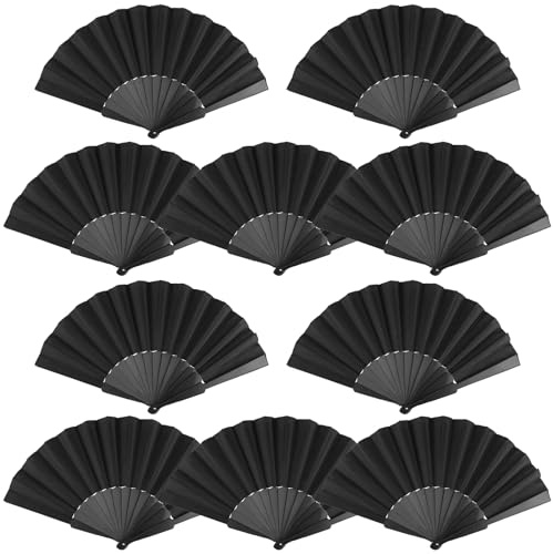 YUENPUN 10 PCS 42 x 23cm Black Hand Fan Folding, Black Fabric Fans for Daily Use, Home Decorations, Party, DIY Creativity, Dancing Stage Performance Props