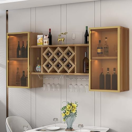 ZYGPH Vinoteca de Pared con Almacenamiento Horizontal, Puertas de Cristal, iluminación LED y Estante para Copas de Vino. Moderna y Lujosa estantería Colgante para Vino Tinto para Sala de Estar.