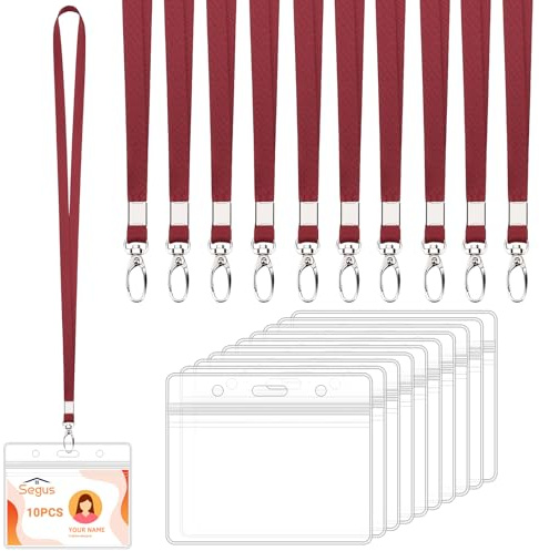 Segus Portatarjetas Colgante, 10 Piezas Lanyard con Funda Tarjeta Identificación, Acreditaciones Colgantes Transparente, para Oficina, Escuela, Hospital (Rojo Jujube, Horizontal)