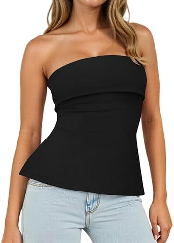 Sukiglam Tubtoppar för kvinnor axelbandslös T-shirt sommar sexig crop top Bandeau bar axel elastisk dubbelskiktad byst Y2k tunika skjorta linnen slits på sidan, svart, S