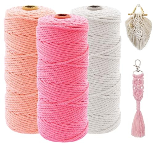 Hilo Macrame 2mm x 100 m, 3 Piezas Cuerda Macrame, Cuerda de Algodón Bohemia, Natural Juego de Macramé para Manualidades, Colgar de la Pared, Manualidades Bricolaje, Decoración Bohemia