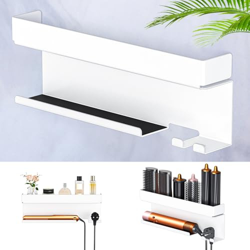 WAYASI Föhnhalter Wand Ohne Bohren, Föhn und Glätteisen Halterung Für Styler Lockenstab Zubehör, Fönhalterung Wandhalterung, Selbstklebend Haartrocknerhalter Organizer Bad (Weiß)