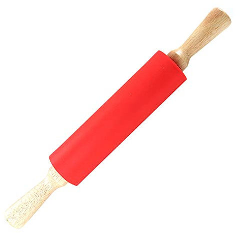 KIMISS Grande Mattarello in Silicone Antiaderente con Manico in Legno per Pasticceria, Impasto e Cottura-Tool da Rosso da 39 Cm (Manico in legno grande rosso)