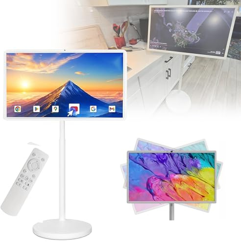 NzEupno Televisor PortáTil De 21,5 Pulgadas con Pantalla TáCtil De 1080P Y Ruedas, CáMara De 800W, Tableta Giratoria con Control Remoto Y Pantalla De Pie Inteligente MóVil White-4+64G