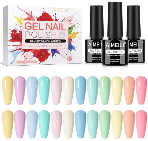 AIMEILI Esmaltes Semipermanentes Para Uñas Gel Polish Kit uñas Semipermanentes UV LED 12 Colors Rosa Verde Amarillo Azul Morado Nail Art DIY Home Salon Manicure 5ML-Set 37