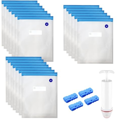 20 Stück 26x34cm Vakuumbeutel Lebensmittel Wiederverwendbar mit Ventil Reißverschluss Pumpe Dichtungsklammern Vakuumversiegelte Bags Sous Vide Vakuumierbeutel Vakuumierer Zuhörer Essen Fleisch