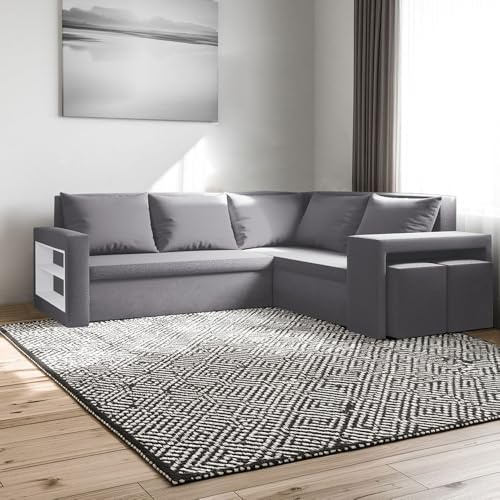 FORNIRO 24 Malabo L Ecksofa 220x202cm Grau Wohnzimmer Couch Schlafsofa | Mit Schlaffunktion & Bettkasten - L-Form - Kissen - Hocker - Stoff Basic | ausziehbar Gäste bequem Stauraum Design hochwertig