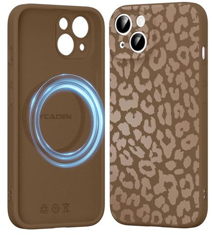 Saqmkil Handyhülle für iPhone 15 Hülle für Magsafe mit Leopard Muster | Aesthetic Khaki Leo Motiv Mädchen Design Magnetische Case, Weich Flüssigem Silikon Stoßfeste Schutzhülle Cover 6,1