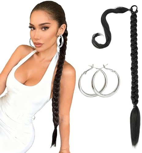 Pferdeschwanz Verlängerung mit Haargummi & Ohrringen 60cm Schwarz - Ponytail Extension Weiches Natürliches Kunsthaar Haarteil Zopf, Einflechtbar Haarverlängerung Zopf für Damen Alltag Party Hochzeit