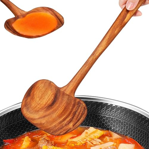 Mestolo Di Legno - Mestolo Ergonomico a Manico Lungo 2 in 1 | per Zuppa e Girabistecca,Per Padelle Antiaderenti Pentole Da Cucina Ristorante E Cucina Per Mescolare Girare Friggere E Mescolare