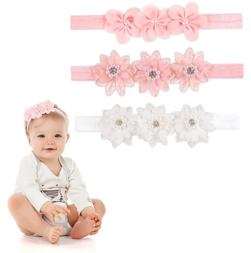 3-Pack Baby Girl Floral Headbands — Stretchy Nylon Lace Petals with Pearl Accents, Delicate Hair Accessories for Newborns, Infants, Toddlers & Kids, Soft Elastic Bands in White & Pink