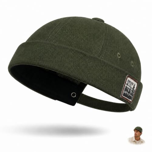 Men's Cotton Docker Hat, Brimless Skull Cap, Rolled Cuff Beanie | Breathable sailor-style cap with eyelets, adjustable strap and foldable shape for daily wear, travel and outdoor use
